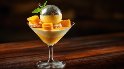 Elegant mango sphere dessert with mirror glaze dome in martini glass featuring fresh fruit cubes and basil garnish on wooden restaurant table