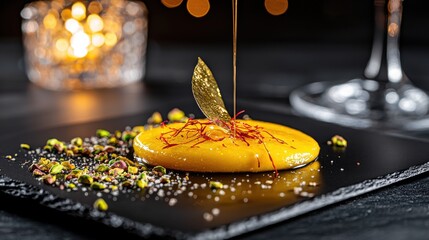 Premium saffron glazed dessert with gold leaf garnish and crushed pistachios on slate plate, luxury fine dining presentation with warm bokeh lighting