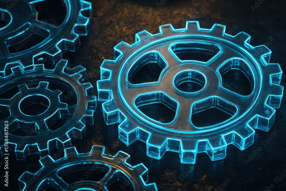Aufkleber mechanical gears: a close-up shot of intricately designed gears with a captivating luminous glow. th