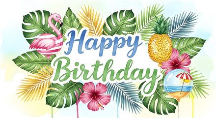 Vibrant tropical birthday celebration vector design featuring a pink flamingo flying among exotic leaves, hibiscus flowers, and a pineapple greeting. A fun illustration where happy wishes fly