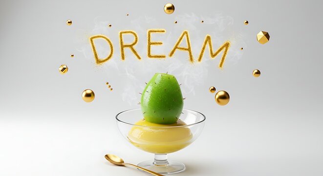 Sparkling golden letters spell DREAM above a vibrant green cactus apple dessert in a clear bowl