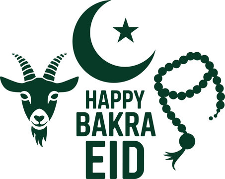 Happy bakra eid greeting with goat moon star and prayer beads flat design elements