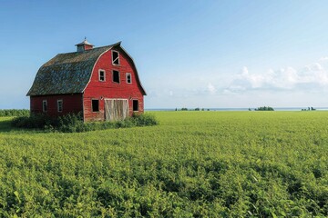 Old barn nestled in green fields under a clear blue sky