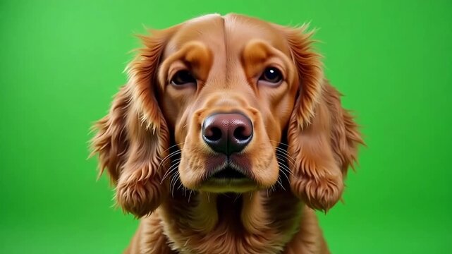 Adorable golden cocker spaniel puppy looking directly at camera with intent on bright green screen, perfect for pet food ads or heartwarming stories