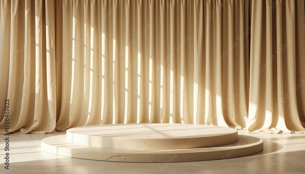 Poster minimalist display podium with soft neutral curtains and subtle sunlight, ideal for showcasing produ