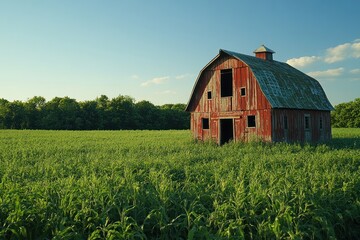 Obraz premium Weathered barn amid green fields under bright clear sky