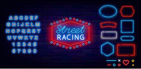 Street racing neon label. Vintage border. Geometric frames collection. Car tournament. Vector stock illustration