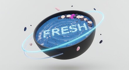 Vibrant blue smoothie bowl with fresh fruit topping and glowing ring, perfect for healthy lifestyle promotion