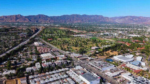 Drone View of Freeway, Suburbs and San Gabriel Mountains in Los Angeles