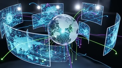 Digital globe surrounded by holographic screens displaying data connections and technology visuals - Powered by Adobe