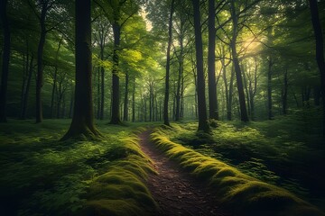 Naklejka premium Sunlight streams through lush forest canopy illuminating a mossy forest path