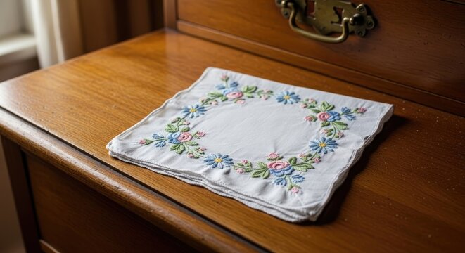 A white handkerchief with floral embroidery on a wooden dresser.