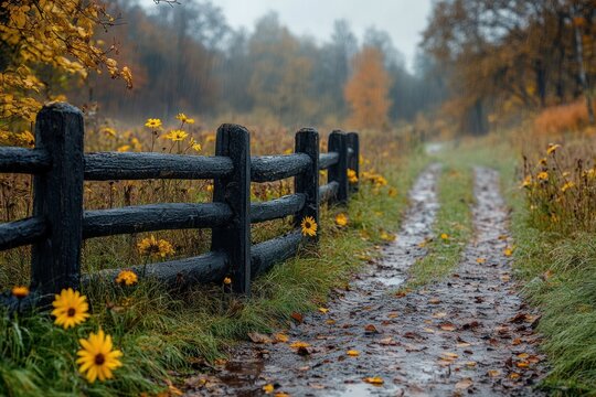 Old rustic wooden fence in countryside landscape