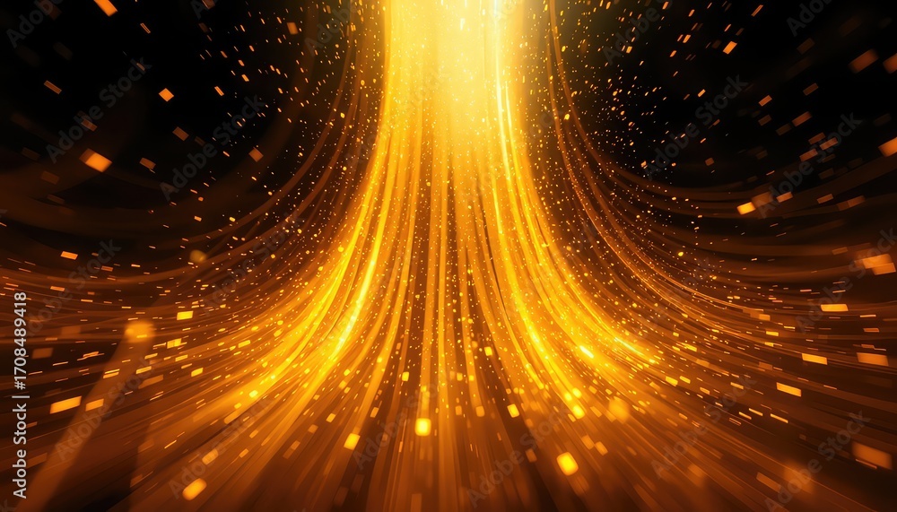 Poster a dazzling display of golden light streaks converging on a point in the darkness, creating an ethere