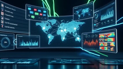 Futuristic digital interface displaying global data analytics and trends with vibrant neon lights - Powered by Adobe
