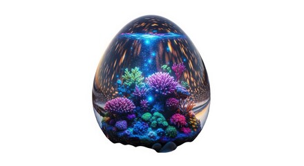Glowing underwater coral reef diorama in an egg shape isolated on white background