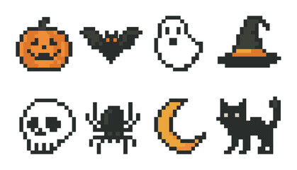 Pixel art halloween icons with pumpkin, bat, ghost, witch hat, skull, spider, moon, and cat