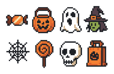 Set of eight pixel art halloween icons on yellow background