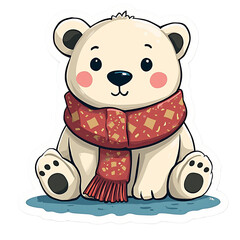 2D Sticker Vector Illustration winter white polar bear with scarf isolated transparent background