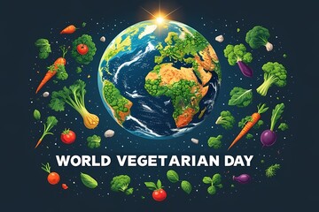 World Vegetarian Day image with Earth made of vegetables and text.
