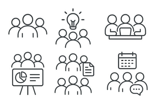 Minimalist business icons featuring teams, meetings, charts, calendar, and communication