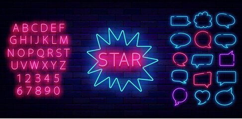 Star neon label. Speech bubble frames. Talent competition. Show and party celebration. Vector stock illustration