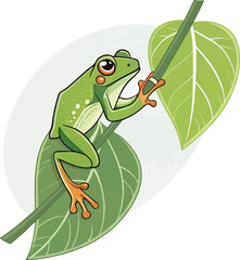 Cartoon Green Tree Frog on Leaf Branch – Cute Nature Illustration