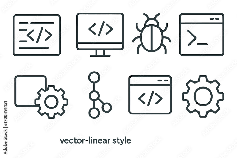 Wall mural set of software development icons in linear style