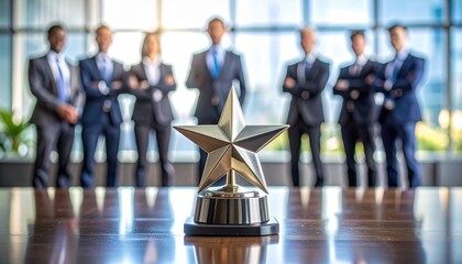 Metallic star trophy on desk with blurred business team—evoking recognition, excellence, and corporate achievement.
