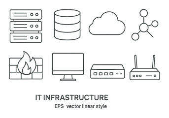 Set of it infrastructure icons in linear style featuring servers, cloud, and network elements