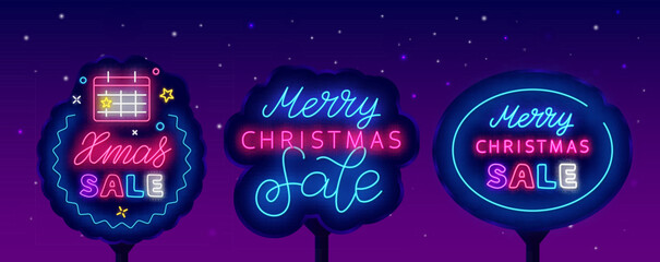 Christmas sale. Happy New Year neon street billboards collection. December holiday. Vector illustration