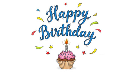 Celebrate with this festive vector illustration of a happy birthday cupcake, adorned with a lit candle and vibrant confetti that seems to fly around, creating a cheerful atmosphere
