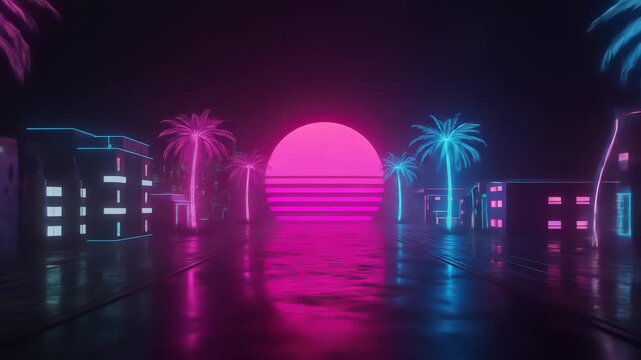 A surreal digital art scene featuring glowing neon palm trees and a futuristic cityscape under a pixelated sunset, reflecting on a wet, glossy surface.
