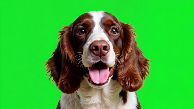 Excited springer spaniel dog panting happily against vibrant green screen video backdrop, perfect for pet care promos and cheerful animal content