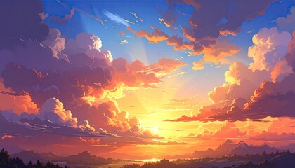 Fototapeta premium Vibrant Pixel Art Sunset with Golden Sunlight Piercing Through Clouds Over Forest Landscape, Warm Hues and Ethereal Glow, Atmospheric Serene Nature Scene