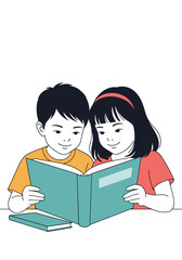 Two children reading a book together with smiles on their faces.