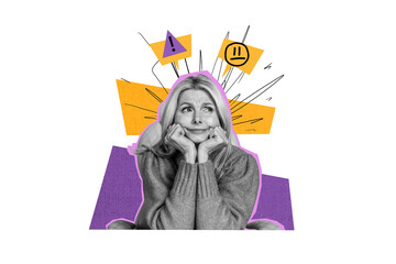 Creative collage mature woman sit thoughtful face expression emoticon sad upset unhappy worried caution stressed colored background