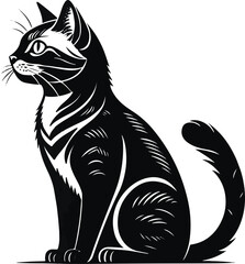 Black and White Cat Vector Illustration – Elegant Sitting Feline Silhouette