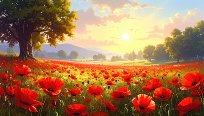 Vibrant Poppy Field with Golden Sunset and Lush Green Trees in Rolling Hills Under a Bright Cloudy Sky on Summer Evening