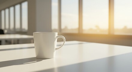 Obraz premium White mug on table with sunlight through windows