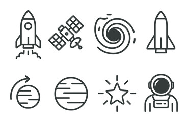 Space exploration icons featuring rocket, satellite, astronaut, galaxy, and planet symbols