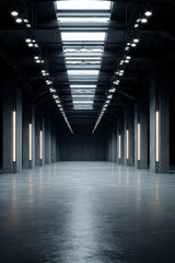 Minimalist modern interior with concrete columns, polished floor and industrial lighting. Spacious and stark.