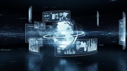 Futuristic digital interface showcasing global data analytics and technology trends in a virtual space - Powered by Adobe