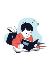 A young child engrossed in reading a book surrounded by other books.