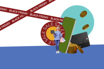 Composite photo collage of happy girl hold laptop bags purchase phone screen sale shopaholic boutique isolated on painted background