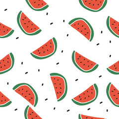 Watermelon Summer Pattern. Red and Green Slices on White Background