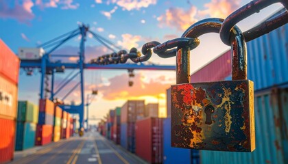 Brass padlock on black chain with stacked shipping containers and crane in background, symbolizing trade security.