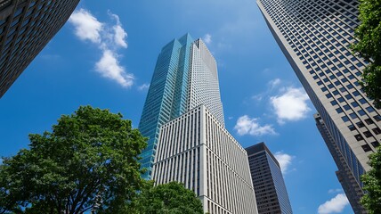 Obraz premium Skyscrapers against a bright blue sky featuring lush green trees and white fluffy clouds in the urban environment