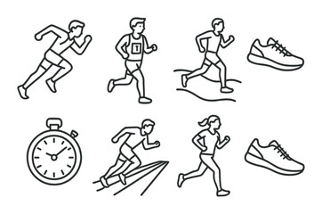 Obraz premium Outline illustrations of runners and running accessories on dark background