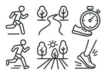 Outline icons of running, stopwatch, path, and nature elements in gray tones